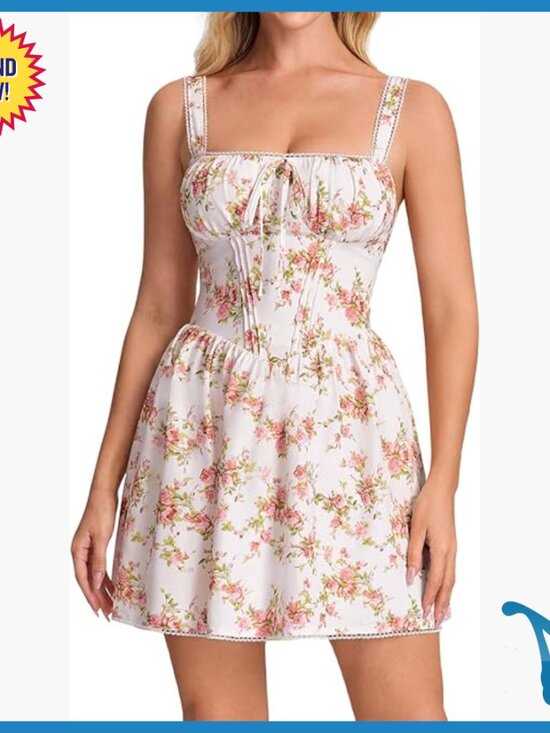Dresses & Skirts - Summer Floral Mini Dress Corset Lace Up Square Neck A-Line Casual